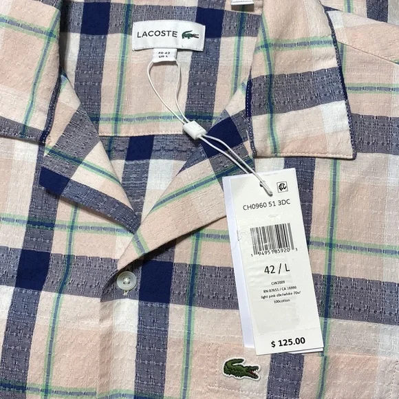 - NWT Lacoste Men's Short Sleeve Plaid Relaxed Fit Woven Shirt - Picture 5 of 5